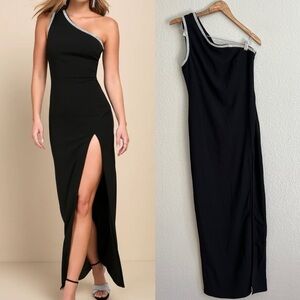 Glamorous Muse Black Rhinestone One-Shoulder Maxi Dress